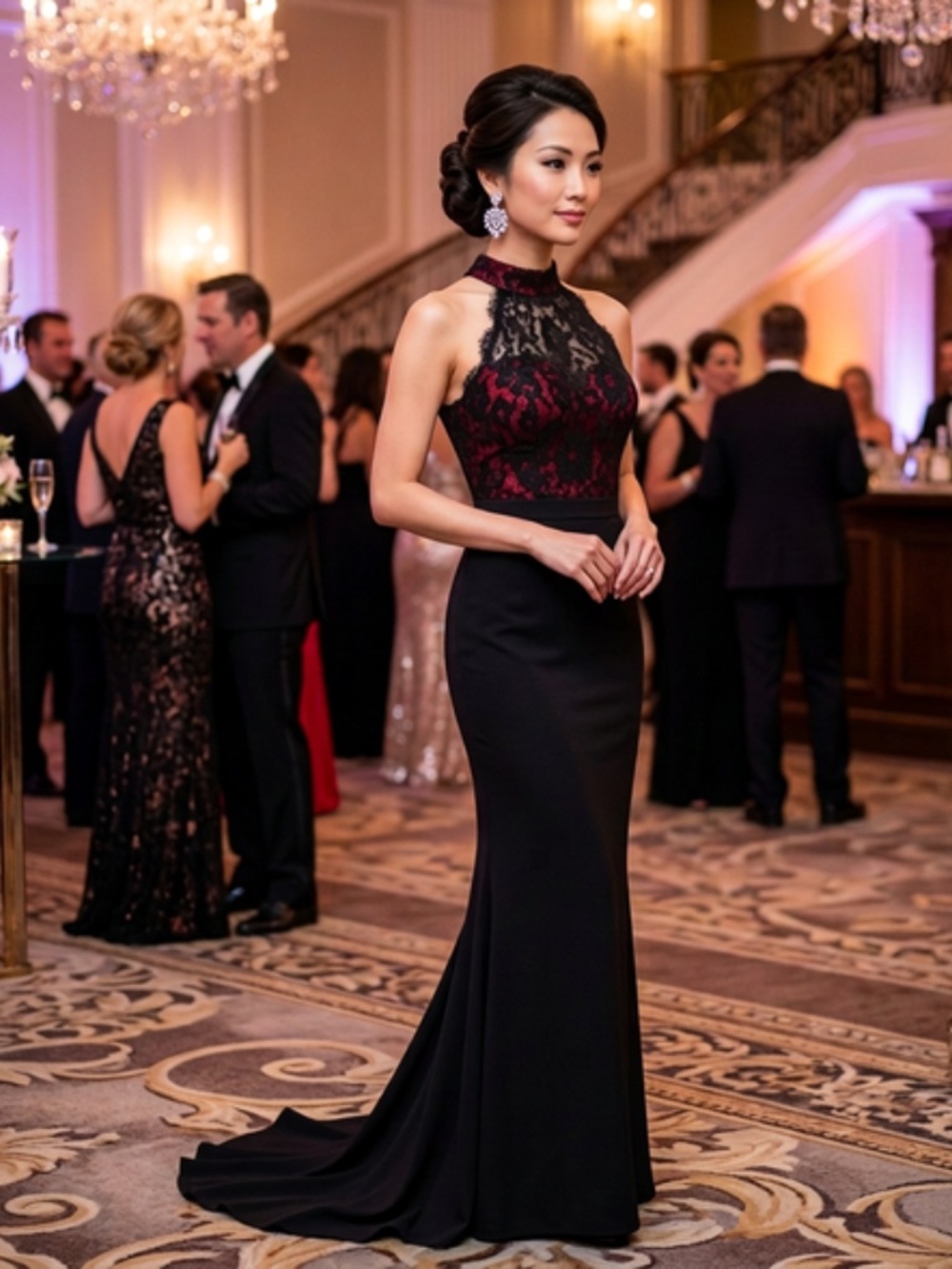 Christina Wu High Neck Lace Maxi Dress with Lace Train